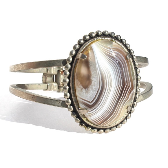 Vintage Botswana Agate Statement Cuff Bracelet Silver Tone Banded Brown Cabochon - Picture 1 of 6
